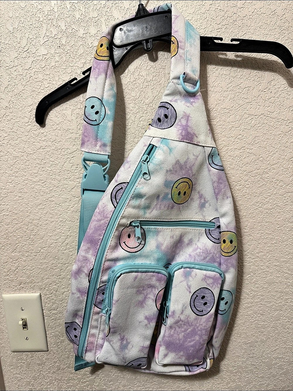 No Boundaries Smiley Face Tie-Dye Sling Bag Purple & Blue